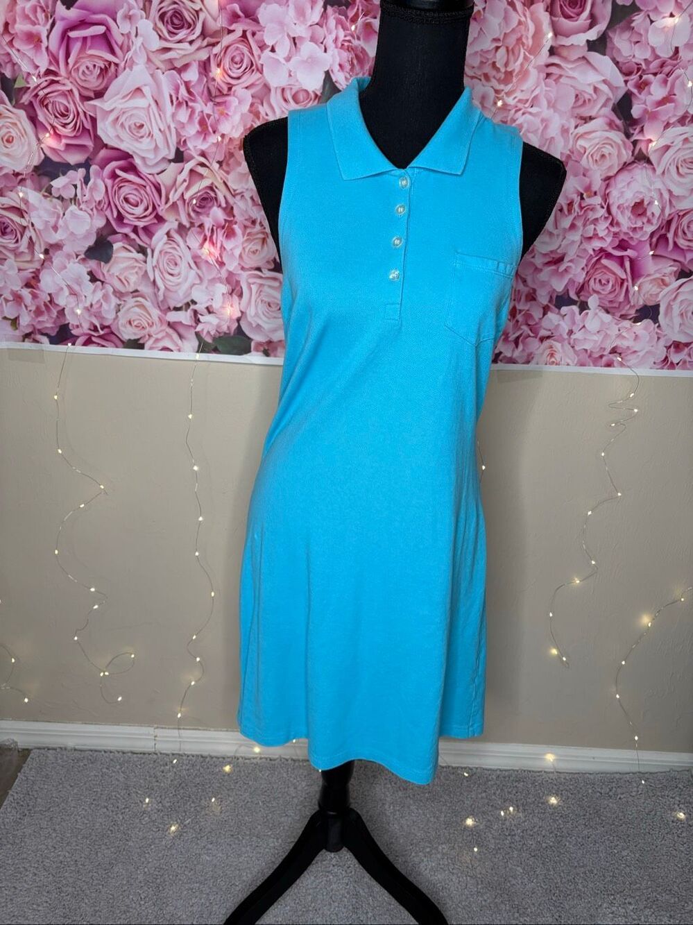 Boston Proper Women's Aqua Sleeveless Polo Stretch Knit Casual Cotton Dress Size